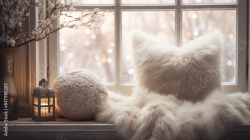 Cozy living room interior with beige sofa, knitted blanket and cushions. Cozy winter decor and interior close-up. New Year concept