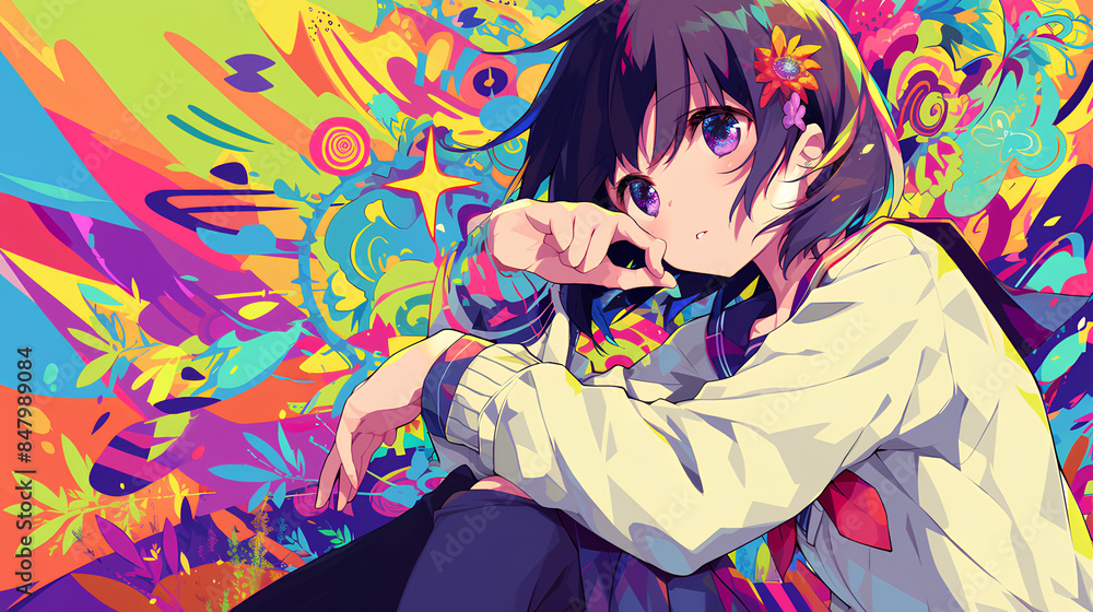 anime beautiful happy girl psychedelic background anime beautiful happy girl psychedelic background