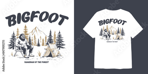 vintage big foot illustration with camp and mountains with text bigfoot guardian of the forest for t shirt design