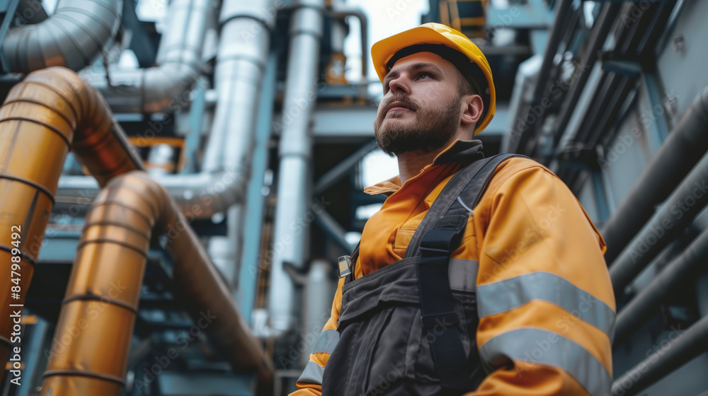 Male worker in protective gear standing below gas plant pipelines Male worker in protective gear standing below gas plant pipelines