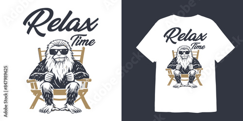 illustration of big feet sitting on wooden chair with text relax time for t shirt design