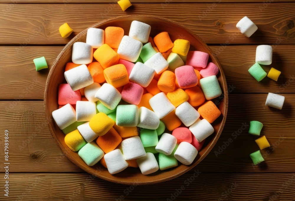 A flat lay of puffy marshmallows on a wooden table A flat lay of puffy marshmallows on a wooden table