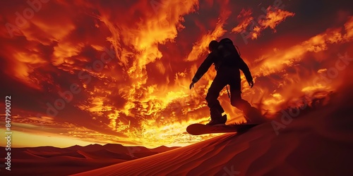 A sunset scene of a sandboarder silhouetted against the fiery sky, with the soft light casting long shadows on the undulating dunes