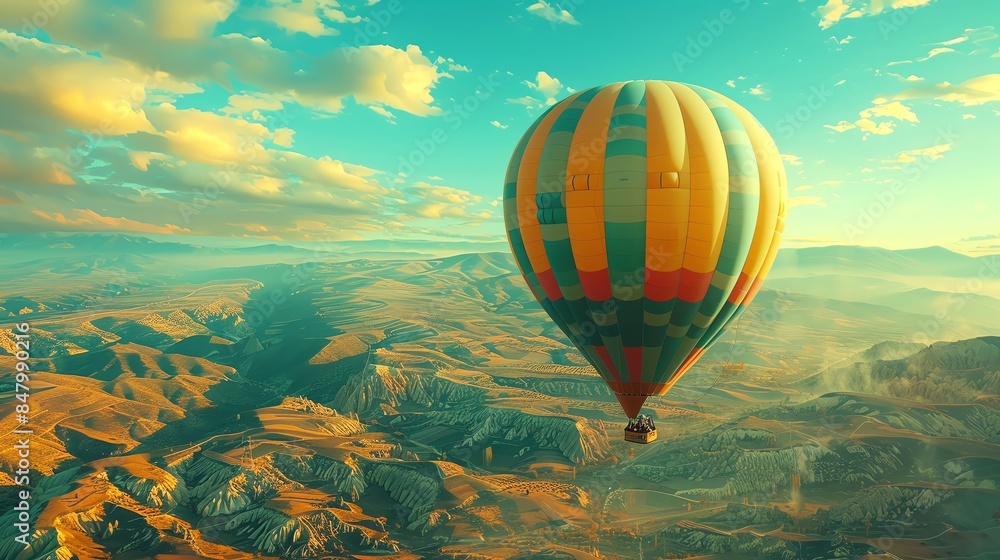 Fototapeta premium Bungee jumping from a hot air balloon, panoramic landscape, serene yet thrilling, high altitude, stunning perspective, vibrant imagery