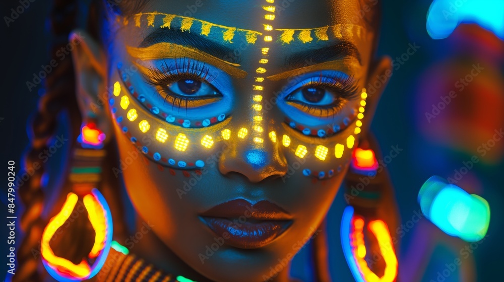 Close-up of a woman with vibrant neon face paint and ethnically inspired jewelry under black light, creating a striking visual effect. Close-up of a woman with vibrant neon face paint and ethnically inspired jewelry under black light, creating a striking visual effect.