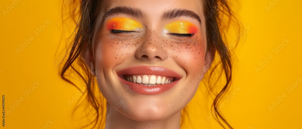 Close-up of a young woman with vibrant orange and yellow eye makeup, smiling against a bright yellow background. Close-up of a young woman with vibrant orange and yellow eye makeup, smiling against a bright yellow background.