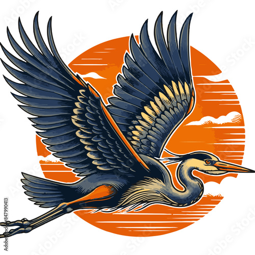 A majestic Great Blue Heron in flight on an orange sun background in a vintage style vector flat comic illustration good for tattoo and t-shirt print