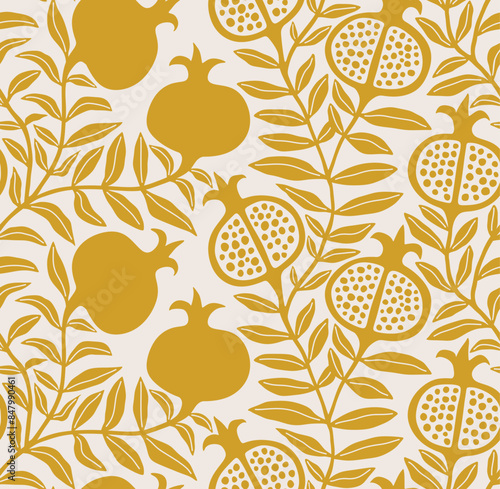 Pomegranate and leaf floral seamless pattern.
