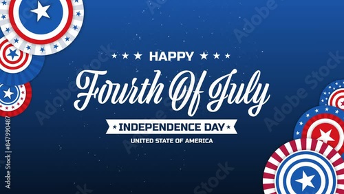 Happy Fourth of July Text Animation on Dark Blue Background and American Flag