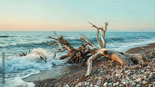 Driftwood on the ocean shore with waves and pebbles © standret