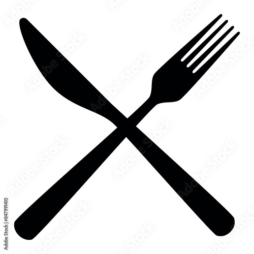 crossed cutlery fork and knife, silhouette shape, black and white vector illustration