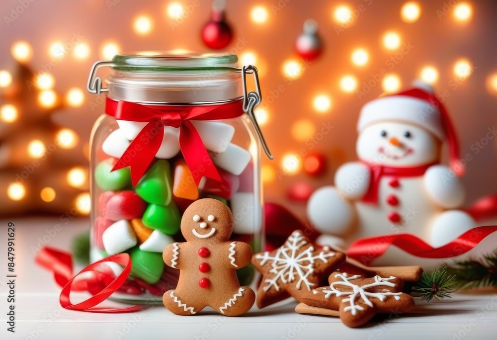 A glass jar filled with gingerbread cookies, marshmallows, and candies, with a red ribbon tied around it and twinkle lights in the background