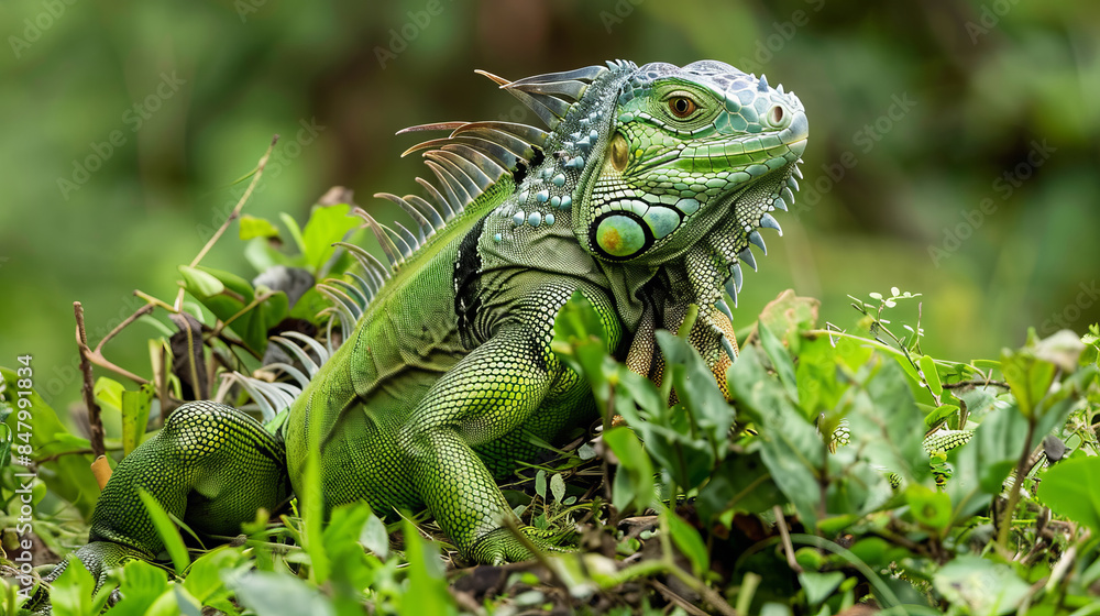 Close-up of a green iguana in lush vegetation
