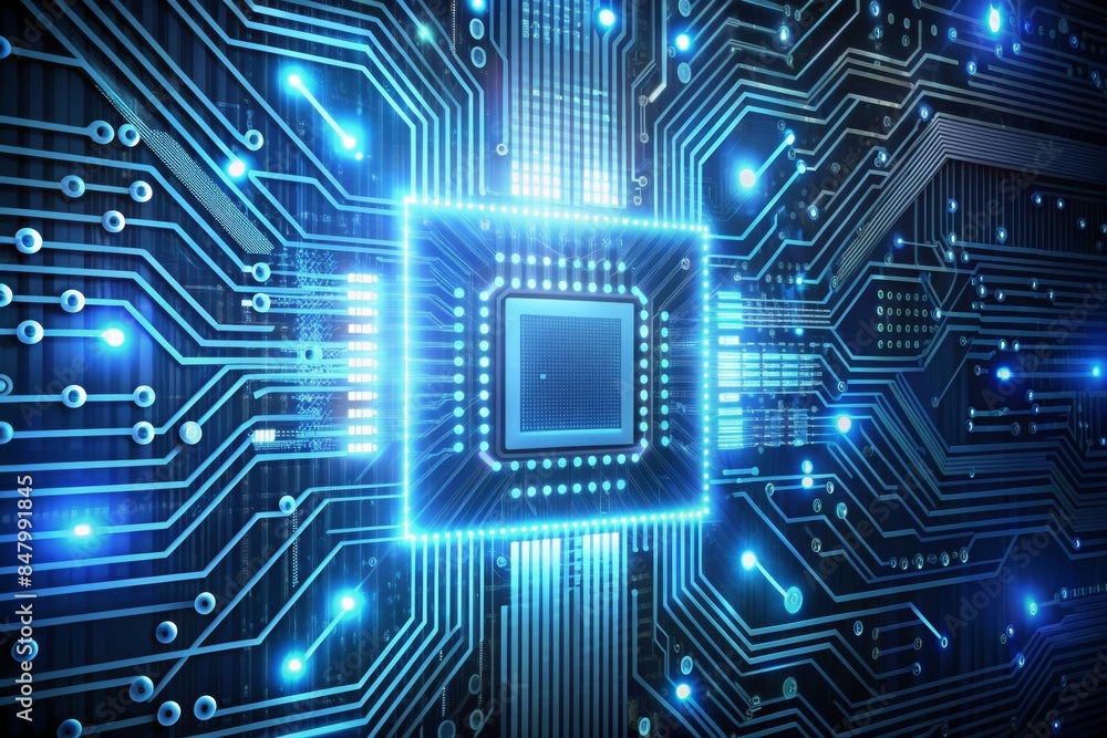 circuit board with a holographic display of binary code above circuit board with a holographic display of binary code above