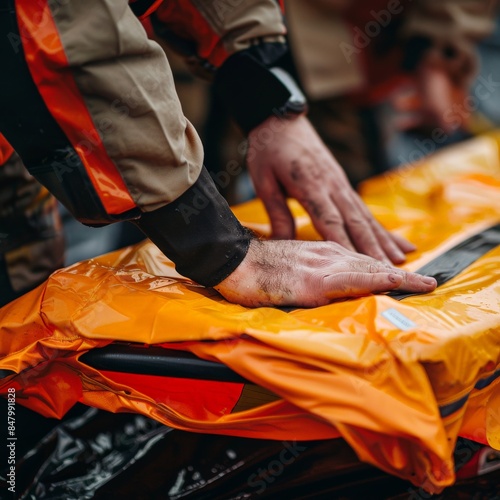 Detailed shot of a search and rescue team member's hands assembling a rescue stretcher. Job ID: 8a277df4-c725-4b5b-b80d-f03d962de0ce photo