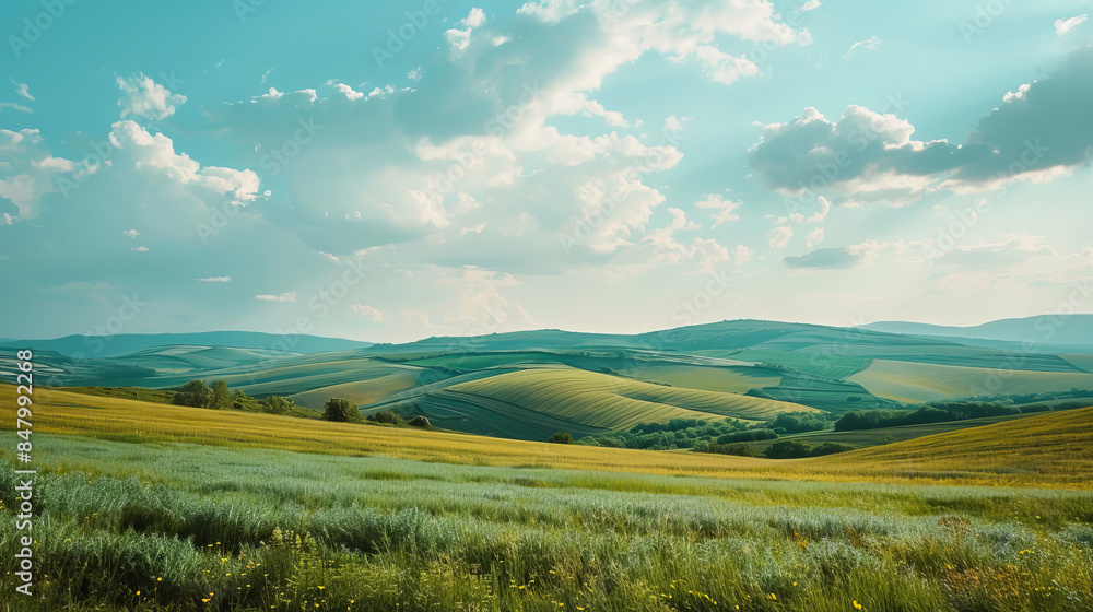Sunlit hilly landscape with clear blue sky and fluffy clouds Sunlit hilly landscape with clear blue sky and fluffy clouds