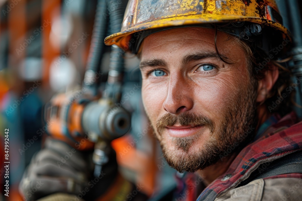 An industrial worker with a captivating gaze and oil-stained helmet, showing the toughness of manual labor An industrial worker with a captivating gaze and oil-stained helmet, showing the toughness of manual labor