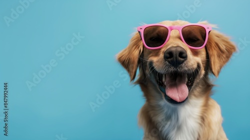 happy smiling dog wearing summer sunglasses isolated on blue background photo