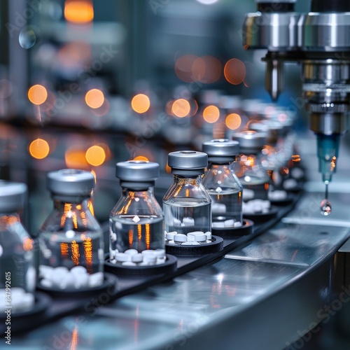 Close-up of pharmaceutical vials being filled under sterile conditions, emphasizing precision and care in liquid medication production Job ID: d9c5cdb6-d60a-4389-b3ba-1aca9623e2a1 photo