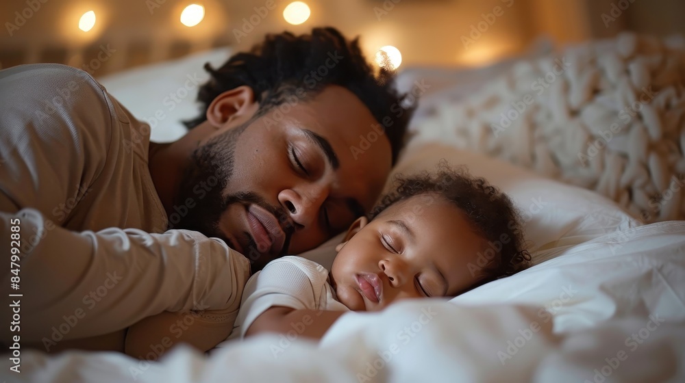 A heartwarming scene with a parent and a child taking a nap together on a comfortable bed, conveying a sense of warmth and security A heartwarming scene with a parent and a child taking a nap together on a comfortable bed, conveying a sense of warmth and security