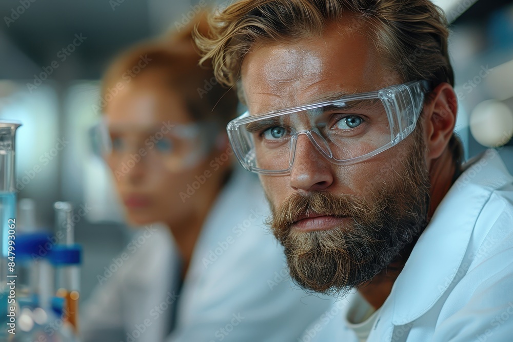 Close-up of a bearded male scientist wearing safety glasses in a laboratory setting Close-up of a bearded male scientist wearing safety glasses in a laboratory setting
