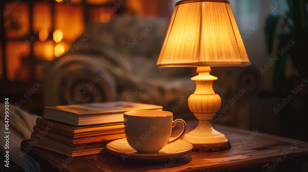Cozy reading nook with lamp, books, and cup of coffee Cozy reading nook with lamp, books, and cup of coffee