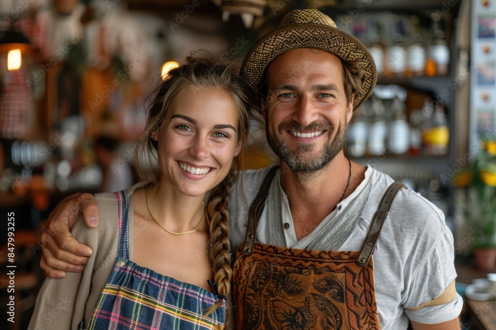 Obraz premium A joyful duo, possibly co-owners, smiling inside a cozy and hip cafe environment