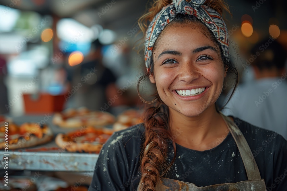 Smiling woman in an apron standing in front of pizza trays, showcasing culinary delight Smiling woman in an apron standing in front of pizza trays, showcasing culinary delight
