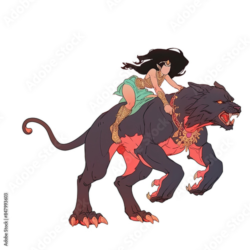 An illustration of a faceless woman riding a black wild animal