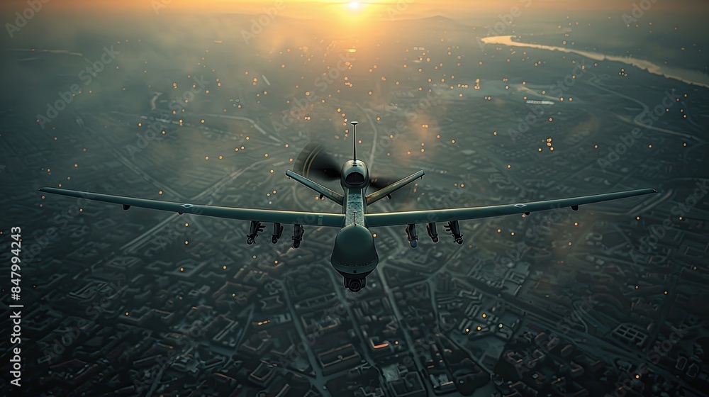 Naklejka premium Unmanned military drone uav flying reconnaissance in the air high in the sky in the border areas. 