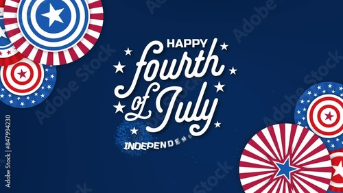 Happy Fourth of July Text Animation on Dark Blue Background and American Flag