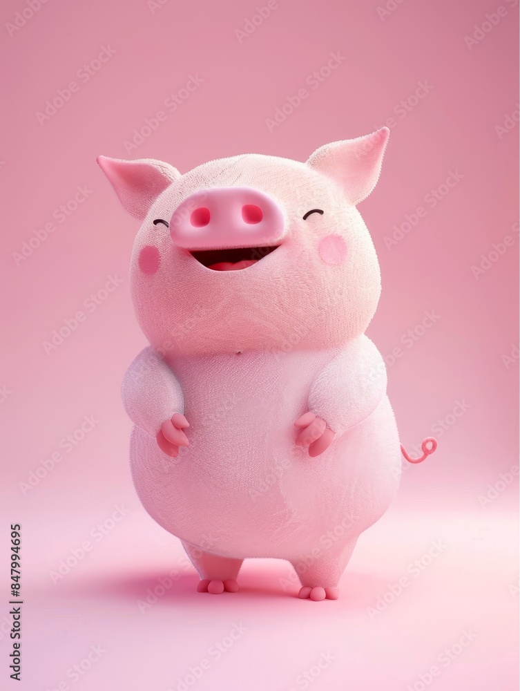 A cartoon piglet with a happy expression stands on a pink background A cartoon piglet with a happy expression stands on a pink background