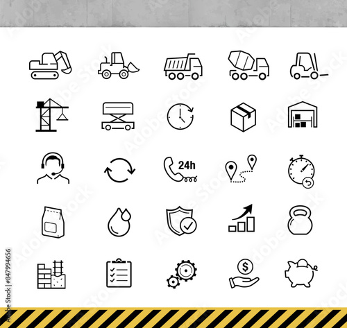 Construction equipment rental and heavy machinery icon set. The outline icons are well scalable and editable. Contrasting vector elements are good for different backgrounds. EPS10.