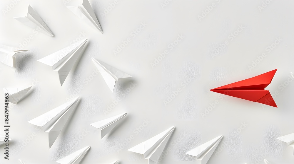 Fototapeta premium White background featuring multiple paper airplanes, with one red airplane in the lead, symbolizing unique leadership