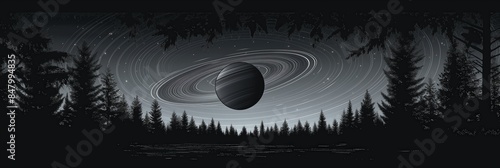 Planet with rings hovering over pine forest at night, sci-fi fantastical scene photo