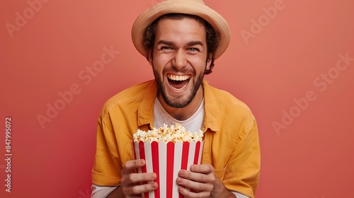 A man in a hat laughs happily while holding a bucket of popcorn. photo