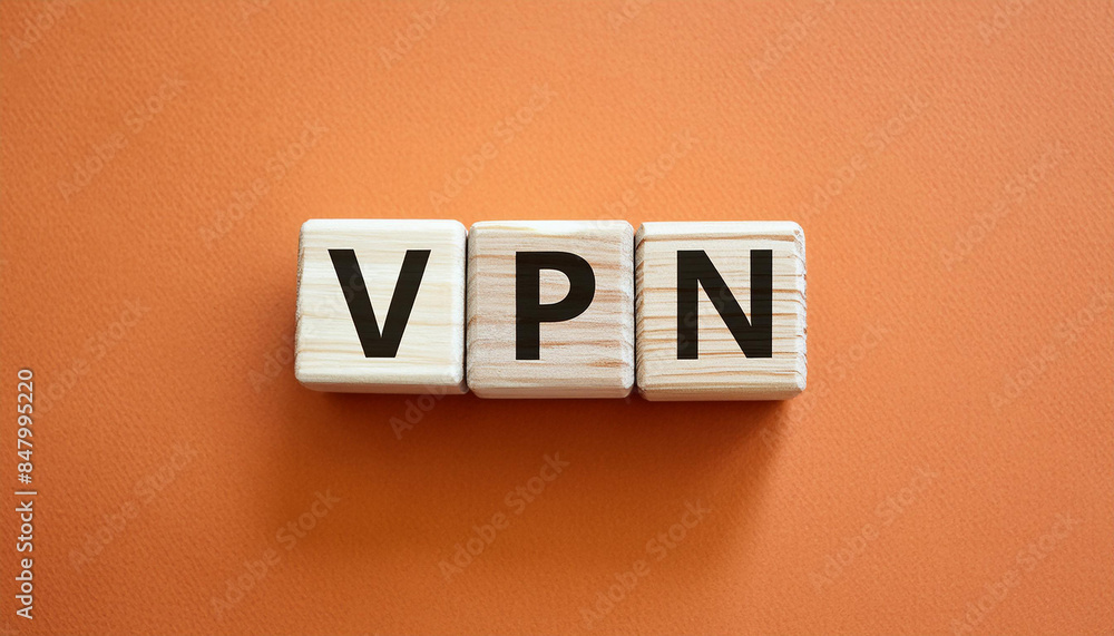 Wood blocks with abbreviation text VPN. Virtual private network. Secure connection. Top view Wood blocks with abbreviation text VPN. Virtual private network. Secure connection. Top view