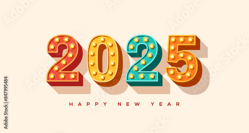 2025 Merry Christmas and Happy New Year retro logo, card banner with typography design. Vector illustration. Numbers of light bulbs font. Minimal invitation flyer, brochure voucher template.