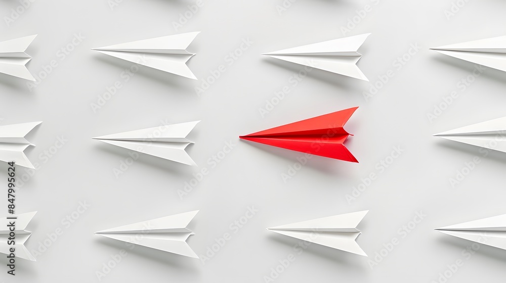 Fototapeta premium Paper airplanes on a white background, with a single red airplane leading, symbolizing unique leadership
