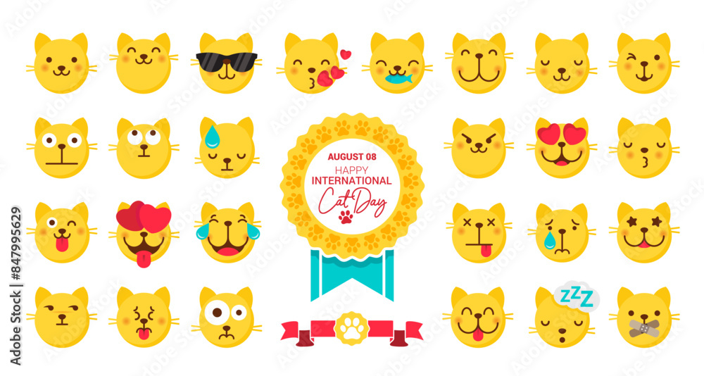 Set of cute cartoon cat emotions. Happy international Cat Day Set of cute cartoon cat emotions. Happy international Cat Day