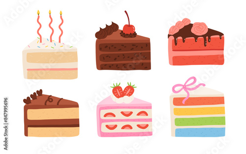 Birthday cake slices set. Sweet holiday bakery pieces collection. Pastry chocolate fruit, berry dessert with candles for breakfast. Vector hand drawn flat cartoon illustration