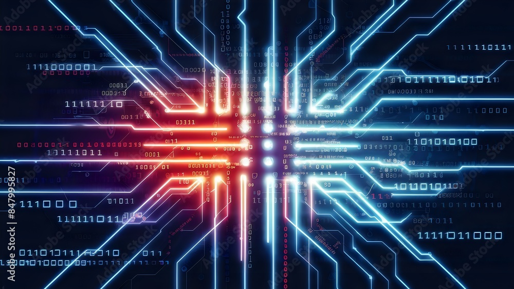 Abstract neon colorful bright lights of thin circuit lines on plain black background from Generative AI Abstract neon colorful bright lights of thin circuit lines on plain black background from Generative AI