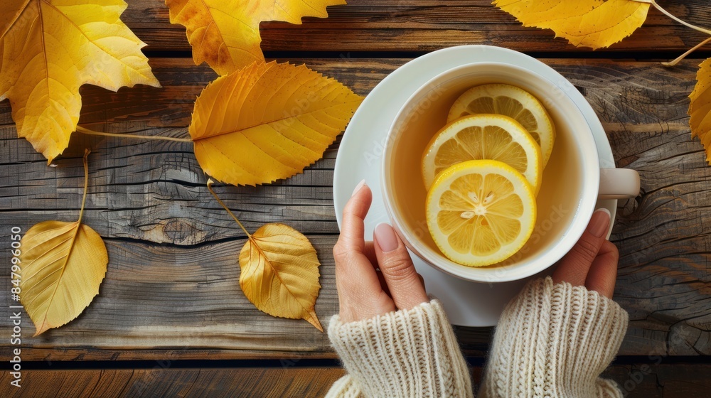 Woman holding a cup of hot tea with lemon, leaves on wooden autumn background. Hot drink concept. Woman holding a cup of hot tea with lemon, leaves on wooden autumn background. Hot drink concept.