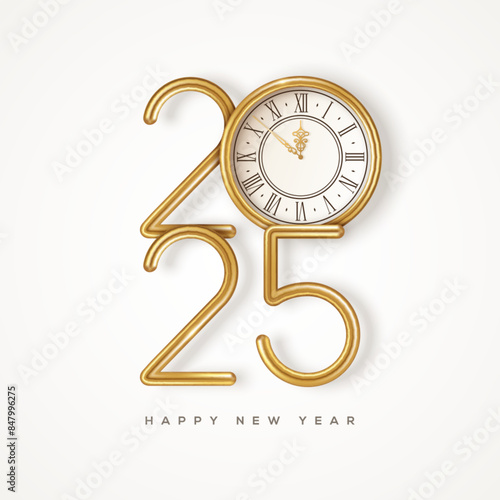 Merry Christmas and Happy New Year banner 2025 gold numbers. Vector illustration. Winter holiday decoration, golden vintage clock logo sign. Place for text. Xmas card poster, flyer