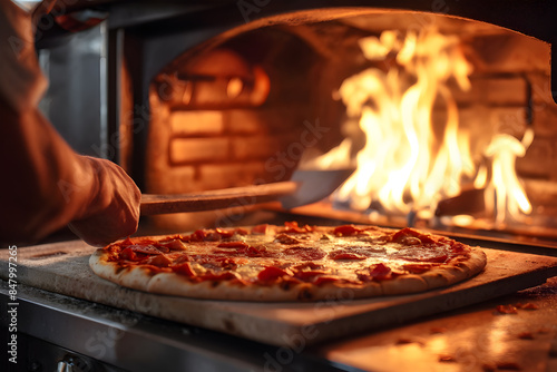 Handcrafted pizza slides into a blazing hearth, chef managing the flames