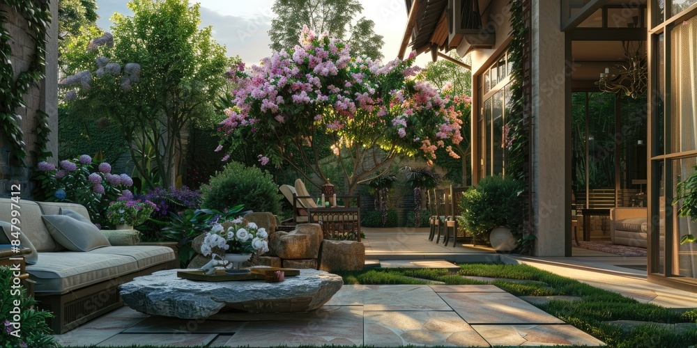 Obraz premium real shot, evening, villa design, back garden landscape, master masterpiece, rural villa, country