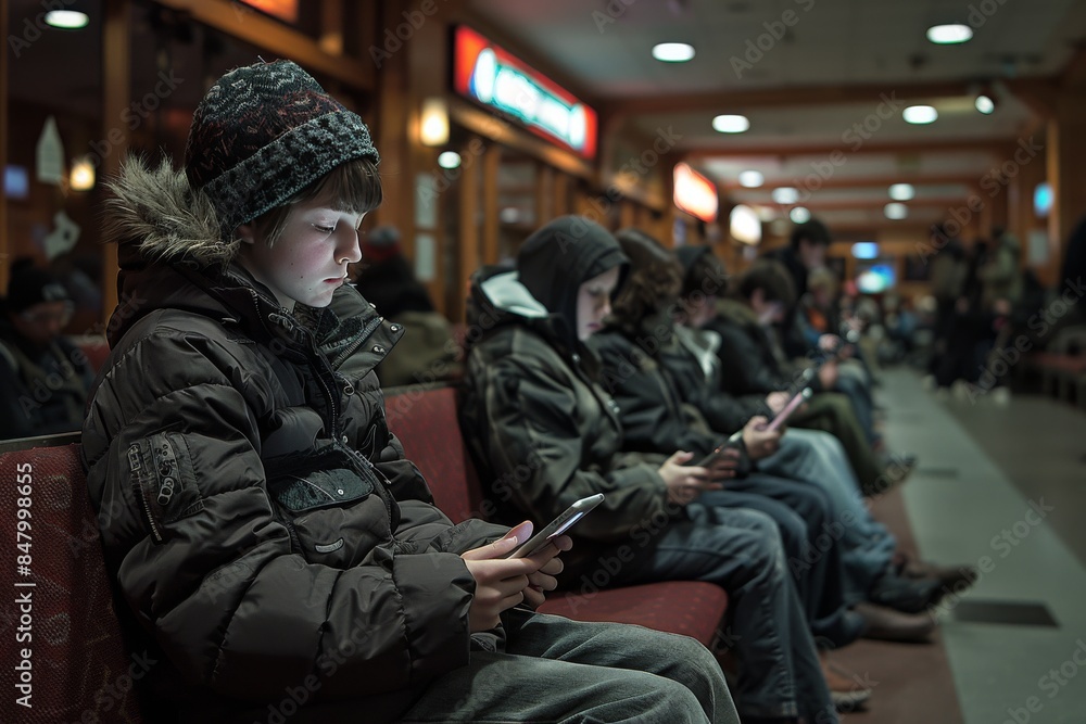 Young Boy Using Smartphone While Waiting in Indoor Waiting Area Young Boy Using Smartphone While Waiting in Indoor Waiting Area