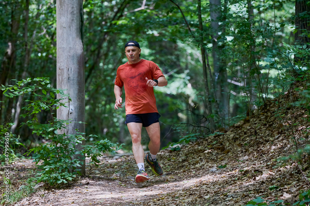 a strong middle-aged man running through the forest a strong middle-aged man running through the forest