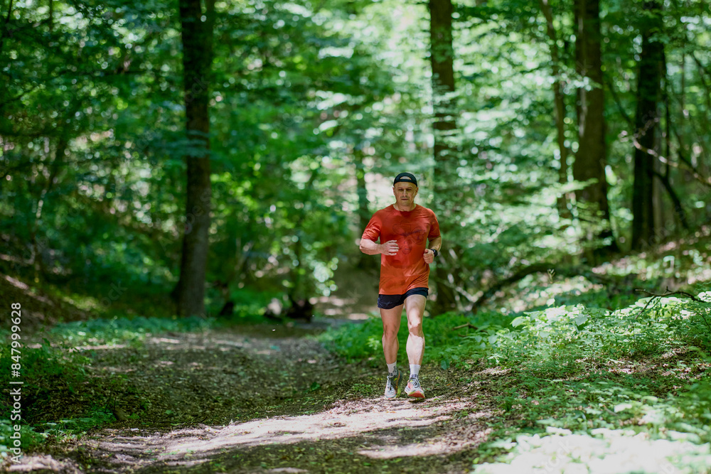a strong middle-aged man running through the forest a strong middle-aged man running through the forest