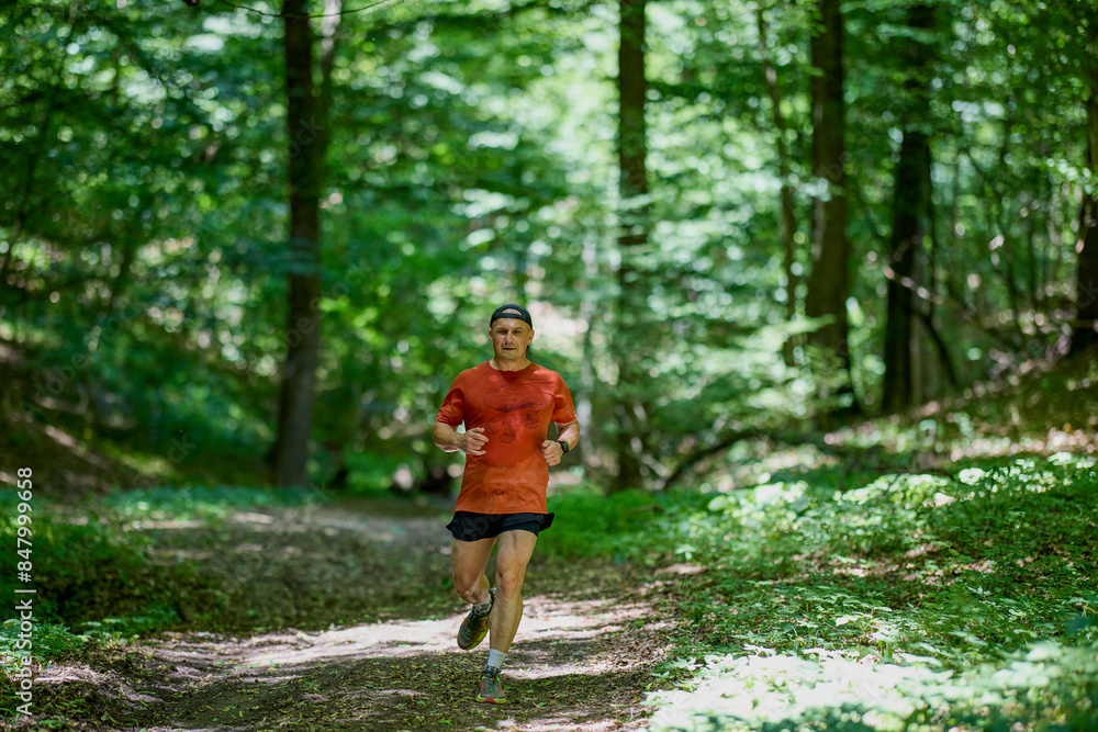 a strong middle-aged man running through the forest a strong middle-aged man running through the forest